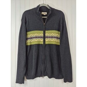 Ruff Hewn Mens Full Zip Cotton Sweater Charcoal Gray Fair Isle Geometric Large